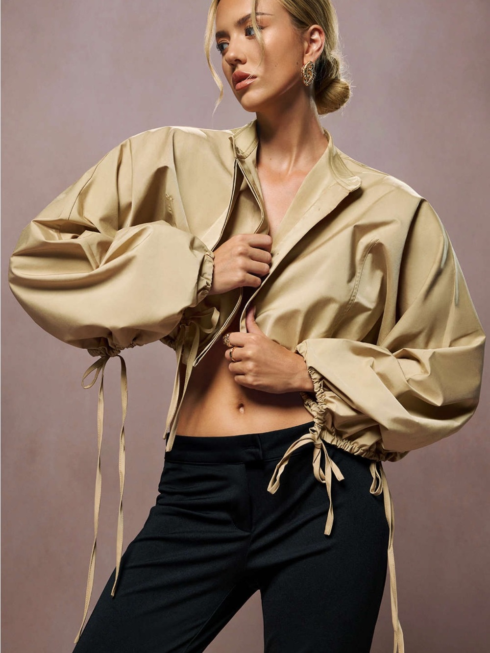 Cropped Beige Bomber Jacket with Drawstring Hem